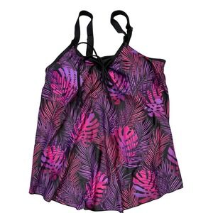Daci Tankini Top Womens 14W Pink New Tropical Palm Leaf Handkerchief Hem Swim